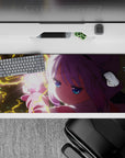 Neon pink and pastel lavender anime desk pad 36x16 inches, starry night backdrop, cozy fierce vibe.