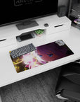28x12 inches anime girl mouse pad showing a fierce magical girl holding a glowing heart amid yellow lightning.