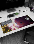 Magical girl holding a glowing heart amid yellow lightning on anime desk pad 36x16 inches.