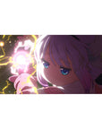 Anime girl desk pad 40x20 inches with neon pink hair, blue eyes, lightning and starry night background.