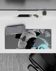 28x12 inches anime desk mat in soft grays with electric cyan glow, calm yet dangerous ninja vibe.