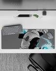 32x12 inches anime mouse pad in soft gray tones with electric cyan glow, calm yet dangerous vibe.