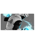 32x16 inches anime mouse pad with Kakashi mid-turn, cyan sparks, clean motion streaks, smooth desk mat.