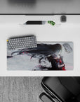 28x12 inches anime girl mouse pad in smoky grays with crimson accents and pink sparks, moody and elegant.