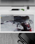 Anime girl mouse pad 32x16 inches in smoky grays with crimson accents and pink sparks, moody dramatic vibe.