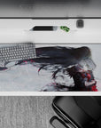 Moody anime desk pad 36x16 inches in smoky grays, crimson accents, and tiny pink sparks.