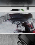 40x20 inches anime desk pad in foggy whites, smoky grays, crimson accents, and pink spark highlights.