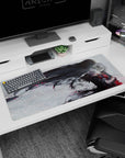 Raven-haired anime heroine sweeping through a foggy white arena desk pad 36x16 inches.