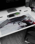 40x20 inches desk pad showing a calm anime heroine with ink-black hair sweeping through a misty arena.