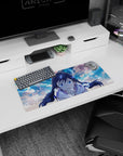 28x12 inches mouse pad showing a cute anime girl leaning in to cheer you on, twin braids and sapphire eyes.