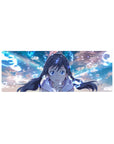 32x12 inches anime girl mouse pad with twin braids, sapphire eyes, clouds, and magical rune swirls.