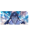 32x16 inches anime girl mouse pad with sky-blue clouds, twin-braid girl, and glowing runic swirls.