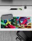 32x12 inches anime mouse pad in bold red, green, and teal with sharp highlights and fast, heroic vibe.