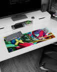 32x12 inches anime mouse pad showing Zero bursting forward, crimson helmet, blond hair, teal circuit sky.