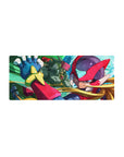 28x12 inches anime mouse pad with Zero and green Reploid ally, glossy armor, teal sci-fi circuitry backdrop.