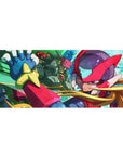 36x16 inches anime desk pad with Zero and green Reploid ally, teal sci-fi sky and circuit textures.
