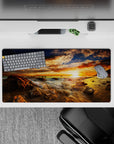 32x16 inches mouse pad with ocean sunset design, blending golden rays, burnt orange hues, and a deep blue sky for a peaceful vibe.