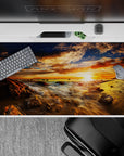 40x20 inches mouse pad with ocean sunset design, blending golden rays, burnt orange hues, and a deep blue sky for a peaceful vibe.