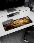 Artistic 32x12 inches mouse pad with ocean sunset design, blending golden rays and burnt orange hues for a serene desk effect.
