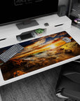 Large 40x20 inches mouse pad featuring ocean sunset, with golden rays and burnt orange hues creating a warm, tranquil workspace.