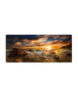 Mouse pad featuring ocean sunset, 28x12 inches, with golden rays and deep blue sky for a peaceful, calming vibe.