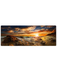Compact 32x12 inches mouse pad with ocean sunset design, blending golden rays, burnt orange hues, and deep blue sky for a serene effect.