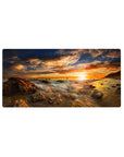 Mouse pad featuring ocean sunset, 32x16 inches, with golden rays, burnt orange hues, and deep blue sky for a serene effect.