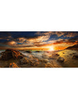 Mouse pad featuring ocean sunset, 36x16 inches, with golden rays, burnt orange hues, and a deep blue sky for a serene, calming effect.