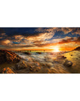 Mouse pad featuring ocean sunset, 40x20 inches, with golden rays, burnt orange hues, and deep blue sky for a tranquil effect.