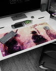 40x20 inches anime desk pad showing three shadowed figures in quiet tension beside a luminous river.