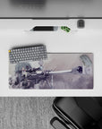 Anime mouse pad 28x12 inches featuring Sinon from Sword Art Online with sniper rifle in muted greys and frosty blues.