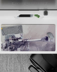 Anime mouse pad 32x16 inches featuring Sinon from Sword Art Online, with sniper rifle in muted greys and frosty blues.