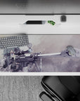 Anime desk pad 36x16 inches featuring Sinon from Sword Art Online, with greys and blues, and a sniper rifle design.