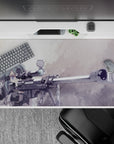 Anime mouse pad 40x20 inches featuring Sinon from Sword Art Online with sniper rifle, in muted greys and frosty blues.