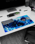 Durable 32x16 inch mouse pad with Tanjiro Kamado's Water Breathing design, perfect for gaming setups