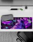 Violet-glow anime mouse pad 32x12 inches in rich purples, dreamy late-night romance bokeh mood.