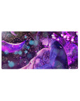 32x16 inches anime mouse pad with boy hugging tearful girl under petals, moon, flowers, bokeh lights.