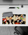 Anime mouse pad 28x12 inches featuring Persona 4 Golden characters Yukiko, Chie, Naoto, Yu, and Rise in soft golden light.