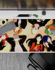 Anime mouse pad 40x20 inches featuring Persona 4 Golden characters Yukiko, Chie, Naoto, Yu, and Rise in warm tones.