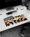 Mouse pad 28x12 inches featuring Persona 4 Golden's Yukiko, Chie, Naoto, Yu, Rise in soft golden light, evoking nostalgia.