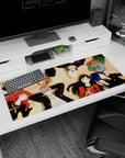 Anime mouse pad 36x16 inches featuring Persona 4 Golden’s Yukiko, Chie, Naoto, Yu, Rise in a nostalgic golden light.