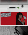32x16 inches red minimalist anime mouse pad with cool dangerous smile, crimson blazer, bright contrast.