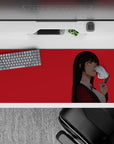 36x16 inches red minimalist anime desk pad with glowing red eyes and a bold, daring vibe.