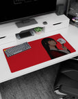 32x16 inches Yumeko Jabami anime mouse pad, side glance, glowing red eyes, peace sign on red backdrop.