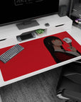 Yumeko Jabami anime desk pad 40x20 inches, crimson blazer and side glance on a bold red background.