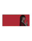 28x12 inches anime girl mouse pad with red backdrop, black-haired girl in crimson blazer, peace sign pose.