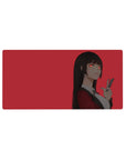 32x16 inches anime girl mouse pad with red background, sleek black hair, red eyes, peace sign pose.