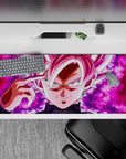 36x16 inches desk pad featuring Goku Black’s Super Saiyan Rosé form, with a glowing pink aura and his sinister gaze, ideal for Dragon Ball fans.