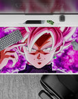 40x20 inches desk pad showcasing Goku Black in Super Saiyan Rosé form, capturing his dark power and glowing pink aura for a striking design.