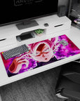 Artistic 36x16 inches desk pad showcasing Goku Black in Super Saiyan Rosé, with his dark energy and glowing aura, perfect for a dramatic desk design.